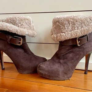 Report Signature Brown and Cream Heeled Boots with Plush Cuff